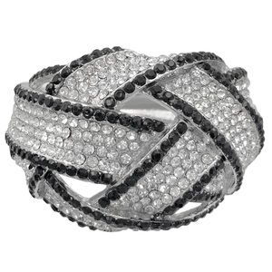 Chunky Clear & Black Rhinestone Lines Hinged Silver Bangle Bracelet